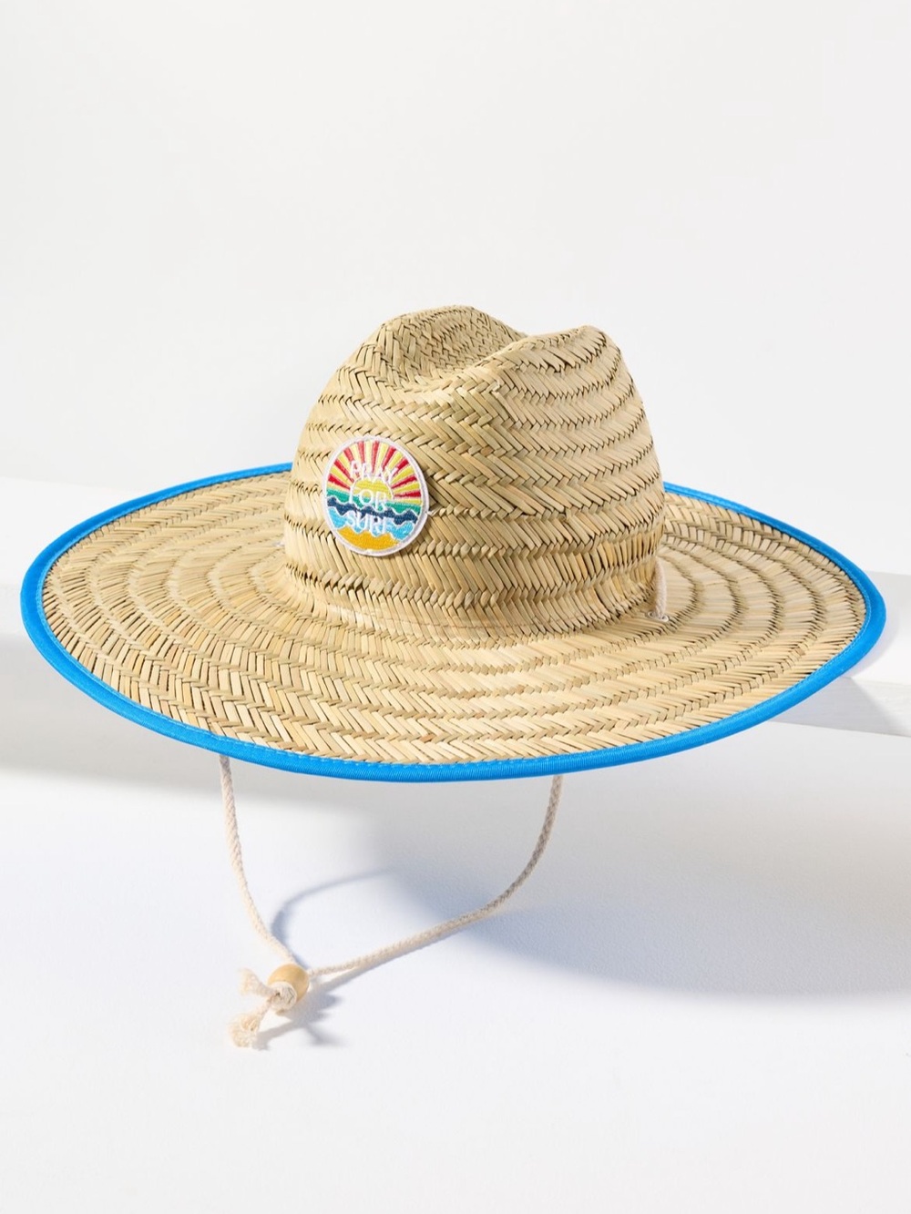 Straw Sun Hat with Blue Trim and Surf Patch by Anthropologie
